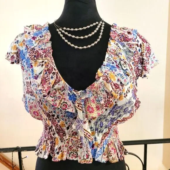 Nwt RAGA Multicolor Short Sleeve Ruffle Top Size Medium - Picture 16 of 16